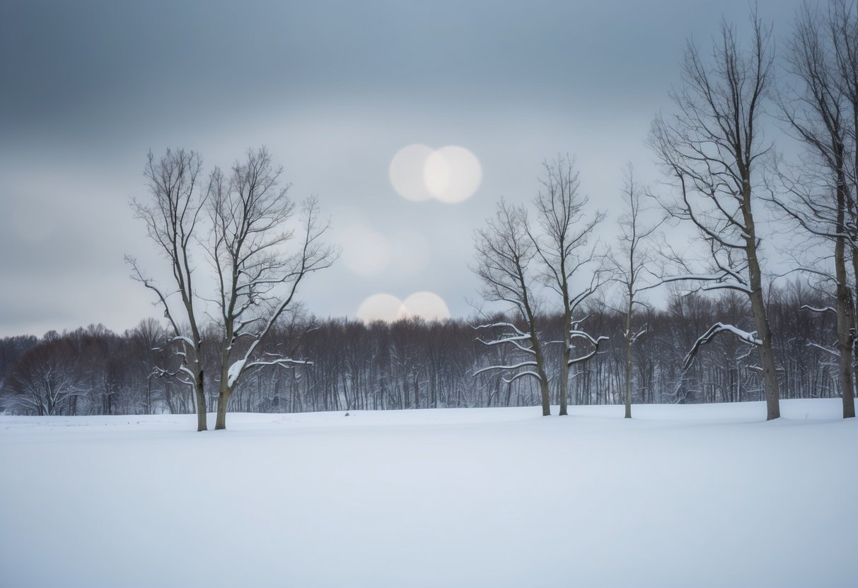 A barren, snow-covered landscape with leafless trees and gray skies, indicating a winter month not suitable for marriage