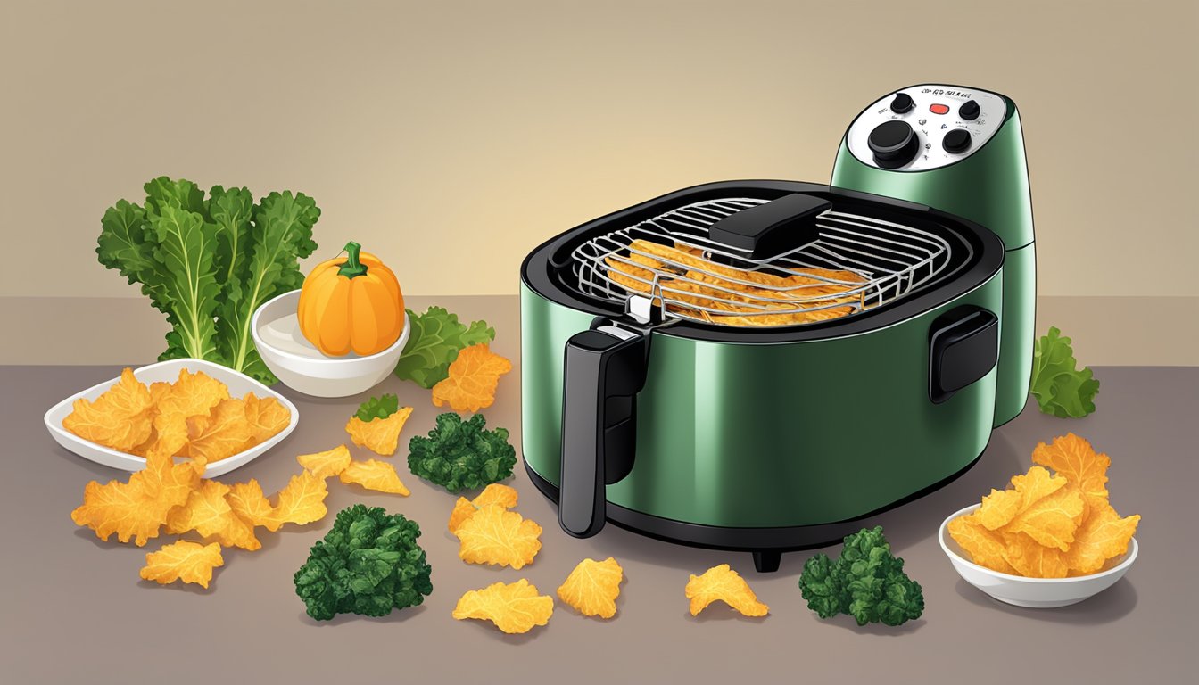 Kale chips placed in air fryer, set timer, warm glow from appliance