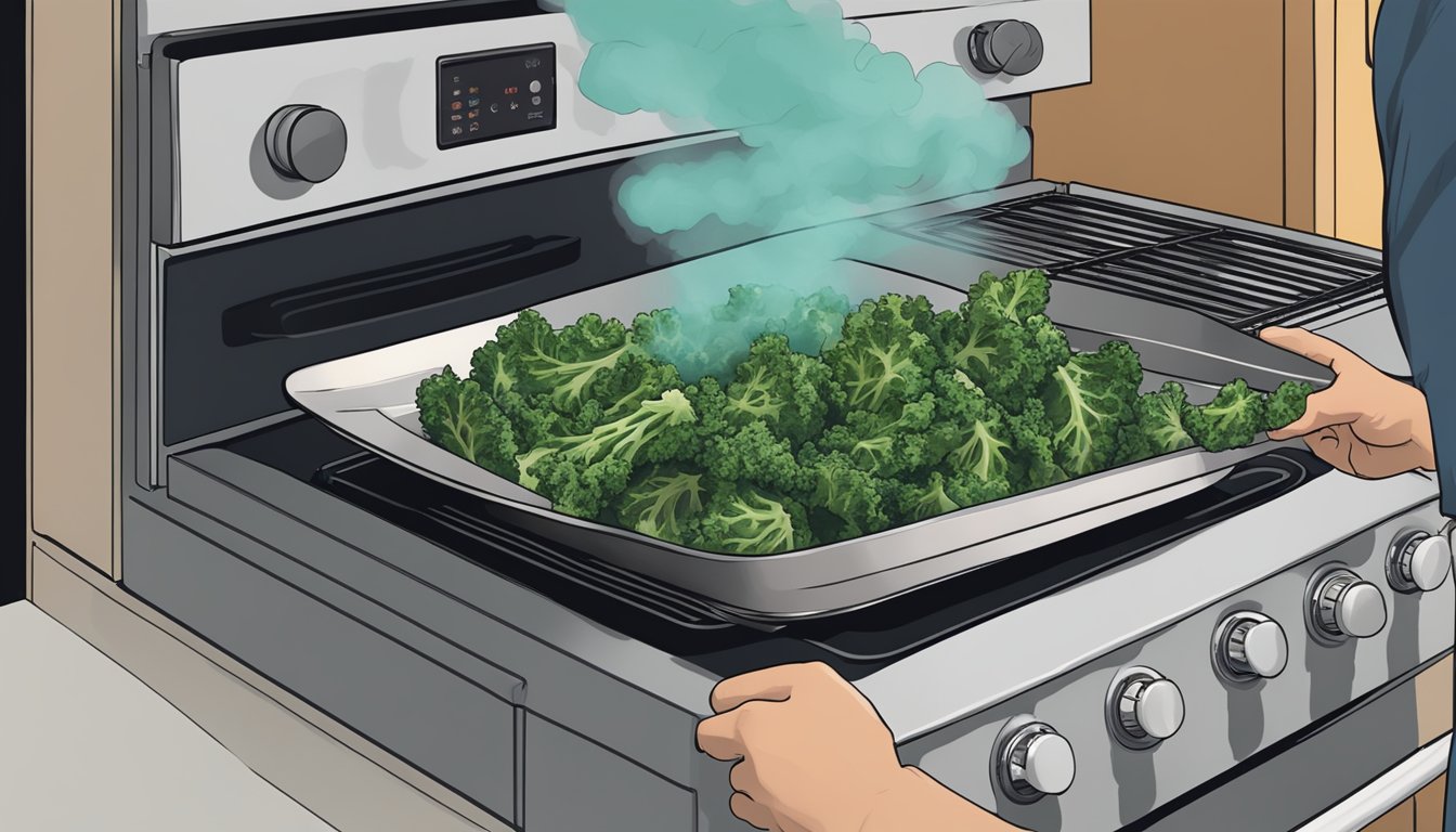 A hand placing a baking sheet of kale chips on a stovetop, with steam rising as they are being reheated