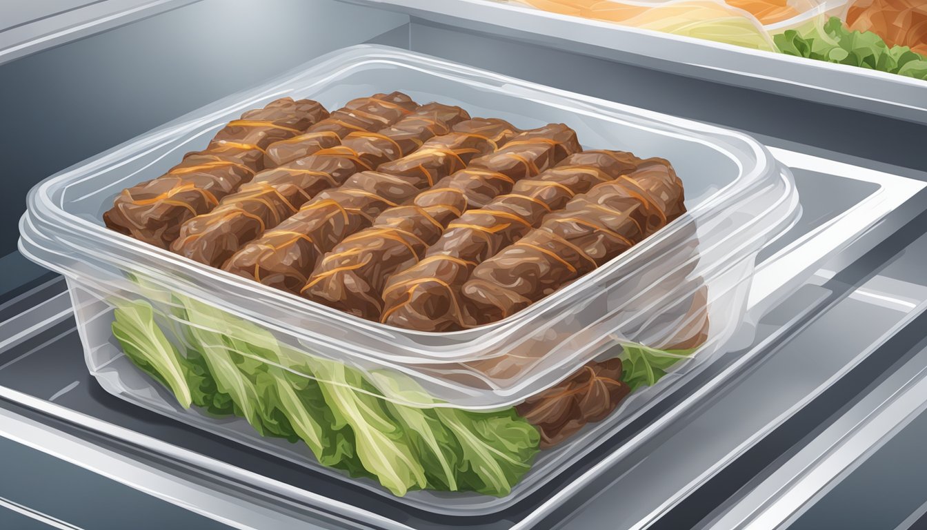 A plate of bulgogi wrapped in plastic wrap inside a refrigerator