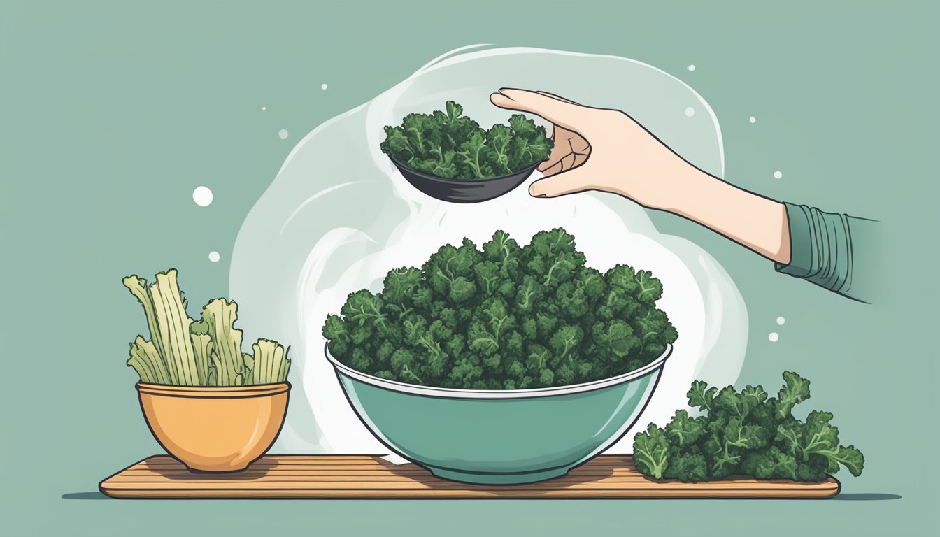 A hand reaching into a bowl of crispy kale chips, fresh out of the oven, with steam rising from the hot chips