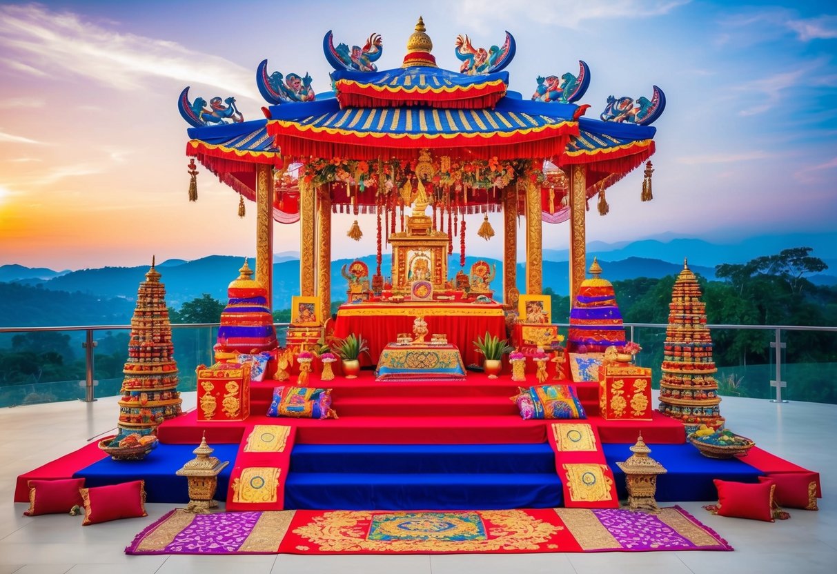 A vibrant wedding altar adorned with traditional cultural symbols, surrounded by colorful decorations and auspicious elements, set against a backdrop of a stunning landscape