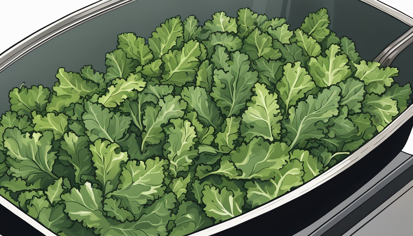 A plate of kale chips being reheated in the oven, with steam rising from the crispy leaves