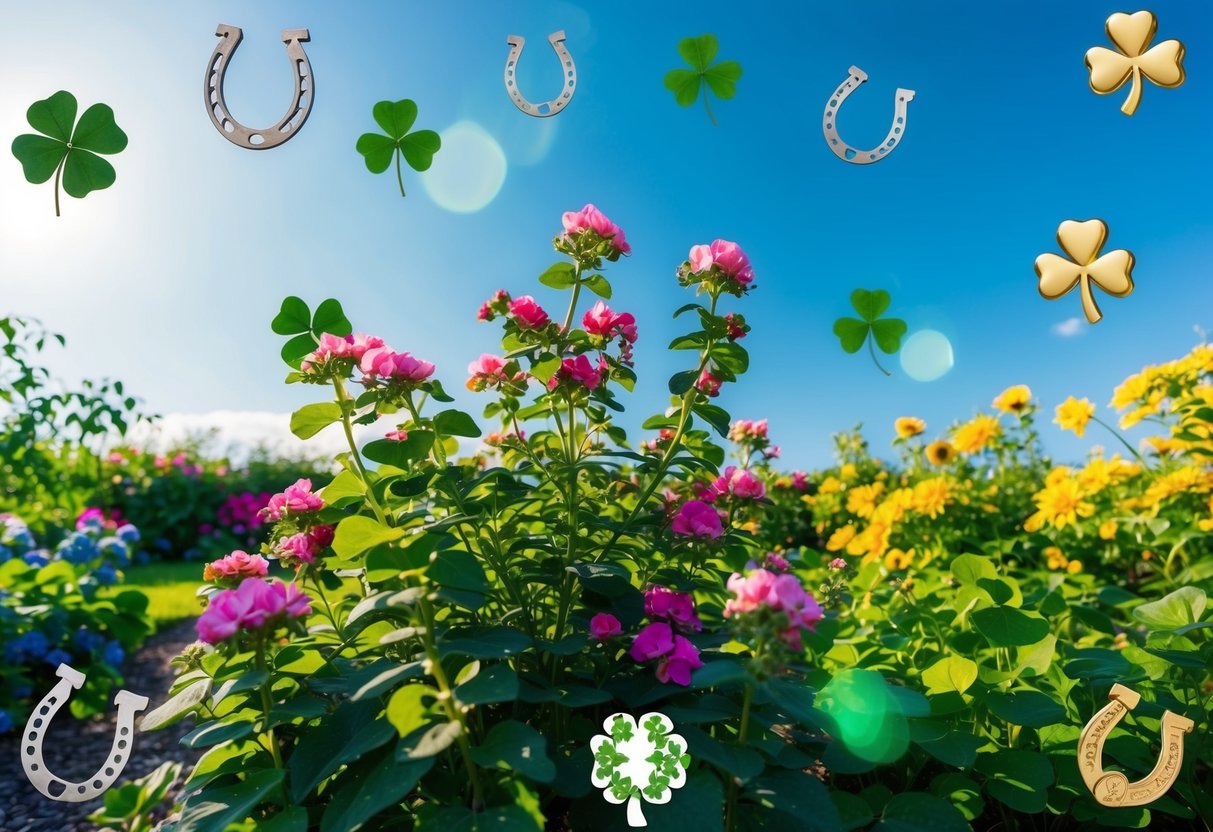 A vibrant garden with blooming flowers and a clear blue sky, surrounded by symbols of luck such as horseshoes, four-leaf clovers, and lucky charms