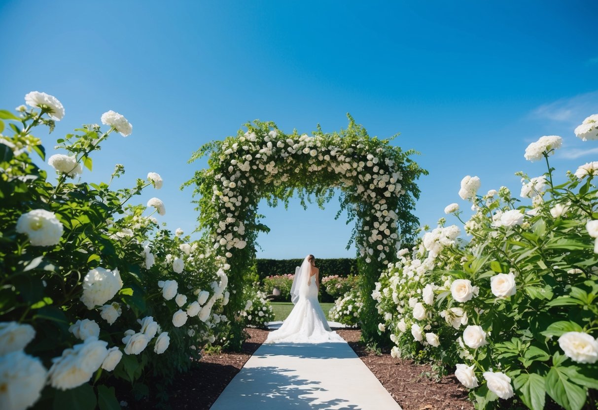 A bright, sunny day with clear blue skies, surrounded by blooming flowers and lush greenery, a serene and picturesque setting for a wedding