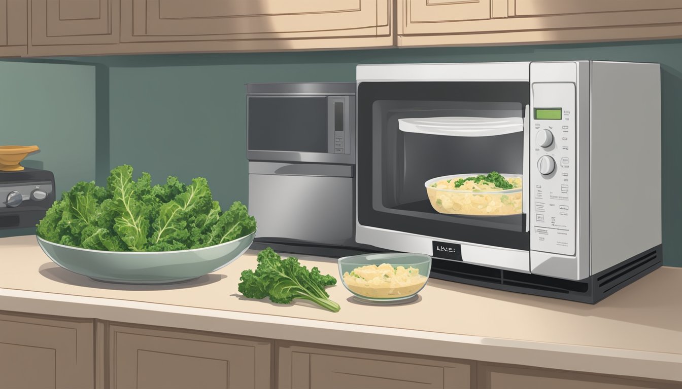 A bowl of kale caesar salad sits on a counter next to a microwave oven. A plate and utensil are nearby