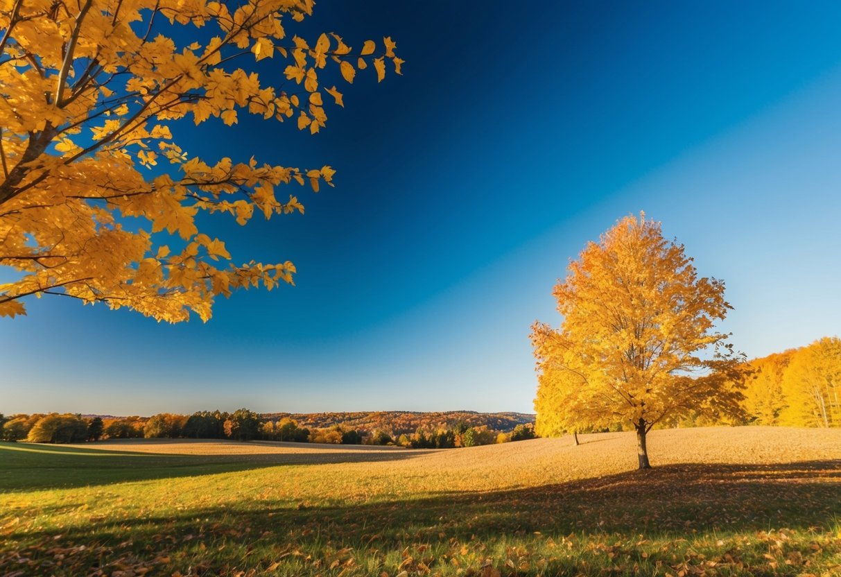 A colorful autumn landscape with a clear blue sky, golden leaves, and a gentle breeze
