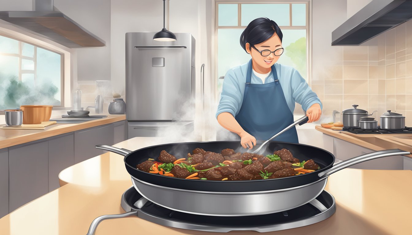 A person reheating Korean beef bulgogi in a skillet, stirring and flipping the meat with a spatula over a gas stove