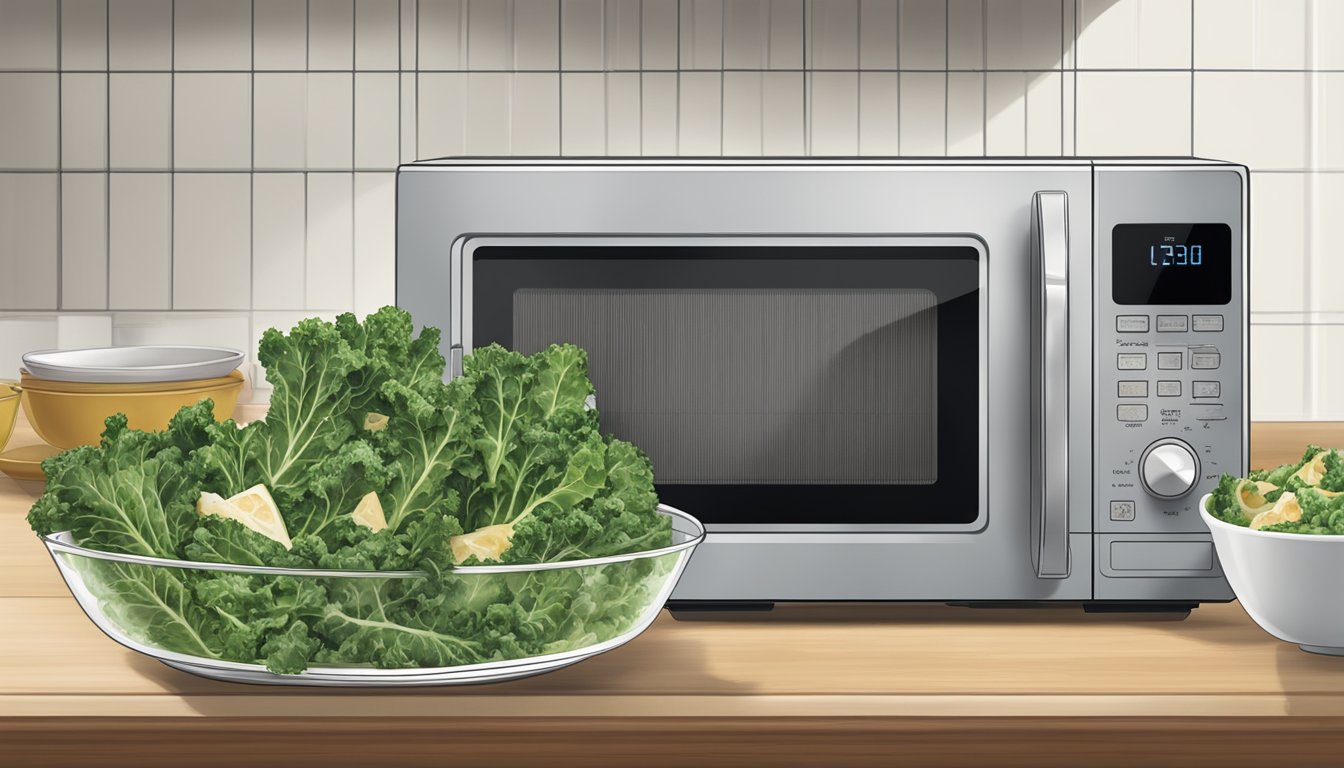 A microwave with a plate of kale caesar salad inside, steam rising