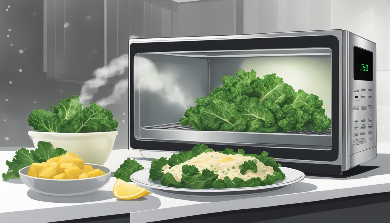 A microwave with a plate of kale caesar salad inside, steam rising from the reheated dish