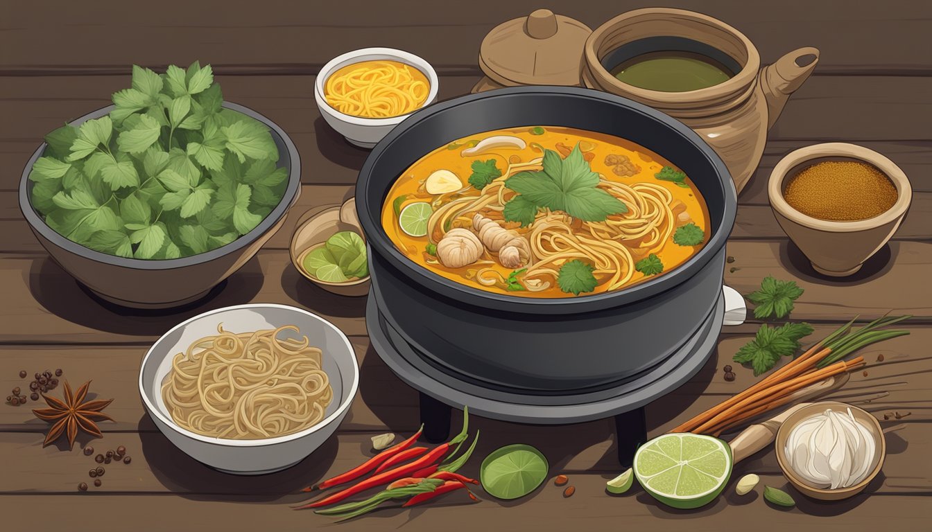 A steaming bowl of Khao Soi sits on a rustic wooden table, surrounded by traditional Thai spices and herbs, with a pot of simmering broth on a nearby stove