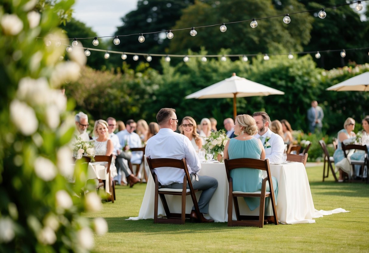 An outdoor garden wedding with a relaxed atmosphere, featuring casual seating and soft, natural lighting