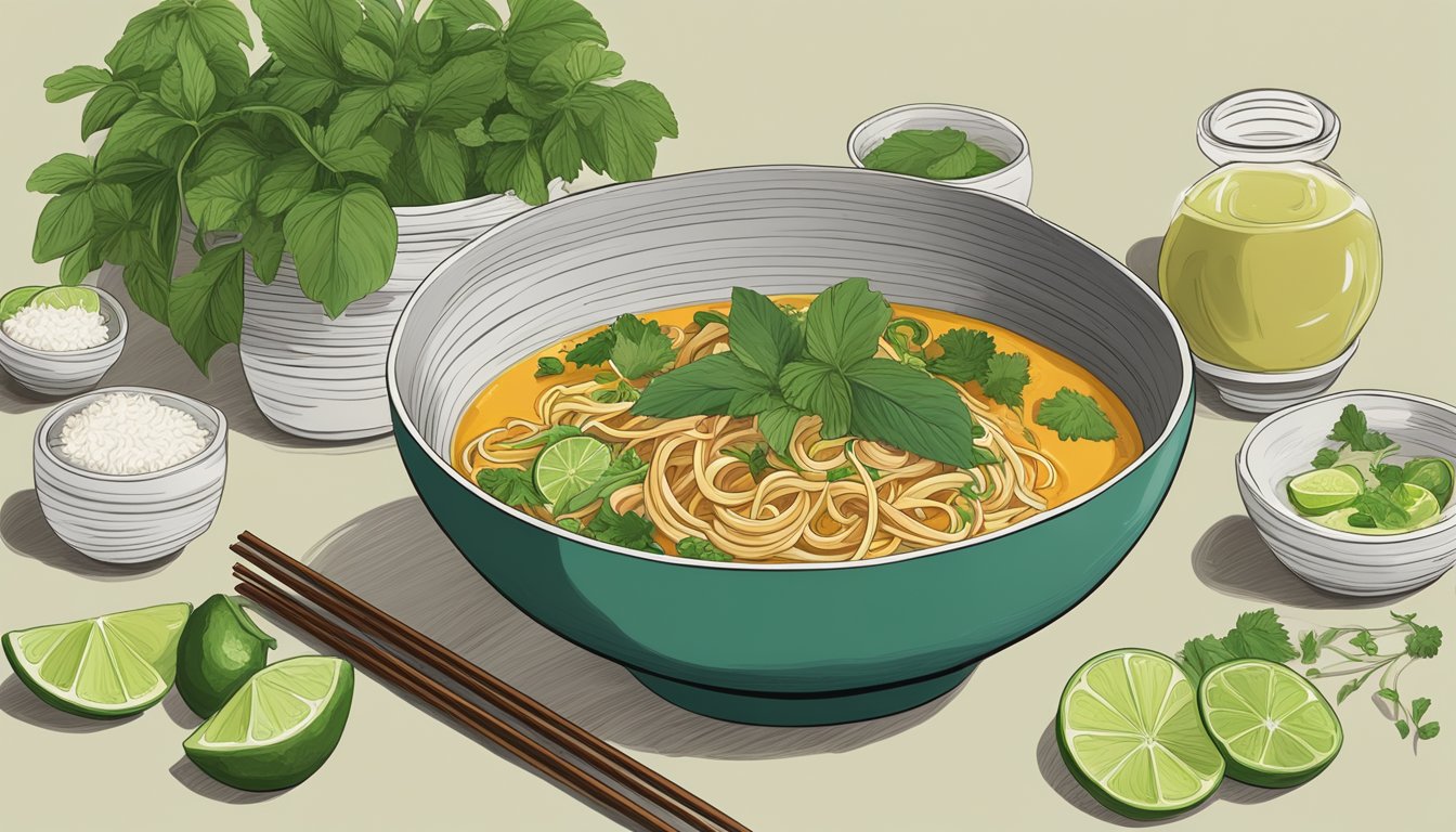 A steaming bowl of Khao Soi surrounded by fresh herbs and lime wedges, with a small pot of reheated coconut curry broth on the side