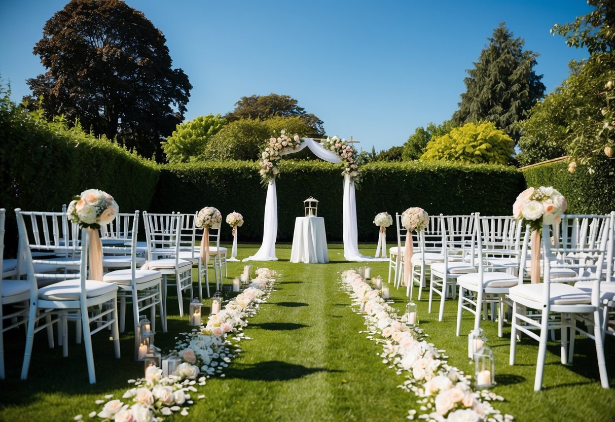 A sunny outdoor garden with a decorated arch, rows of chairs, and a floral aisle set up for a wedding ceremony at 10am