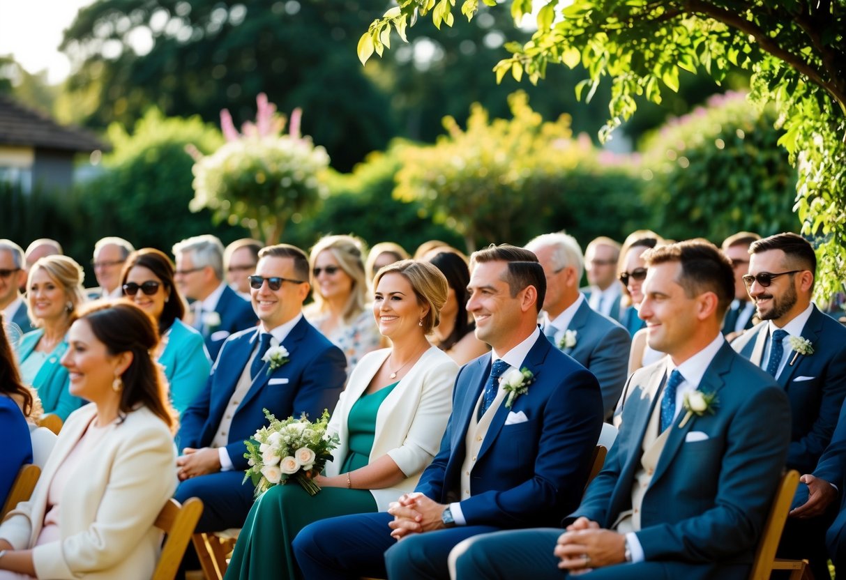 A garden setting with a relaxed atmosphere, guests in semi-formal attire enjoying an afternoon wedding ceremony