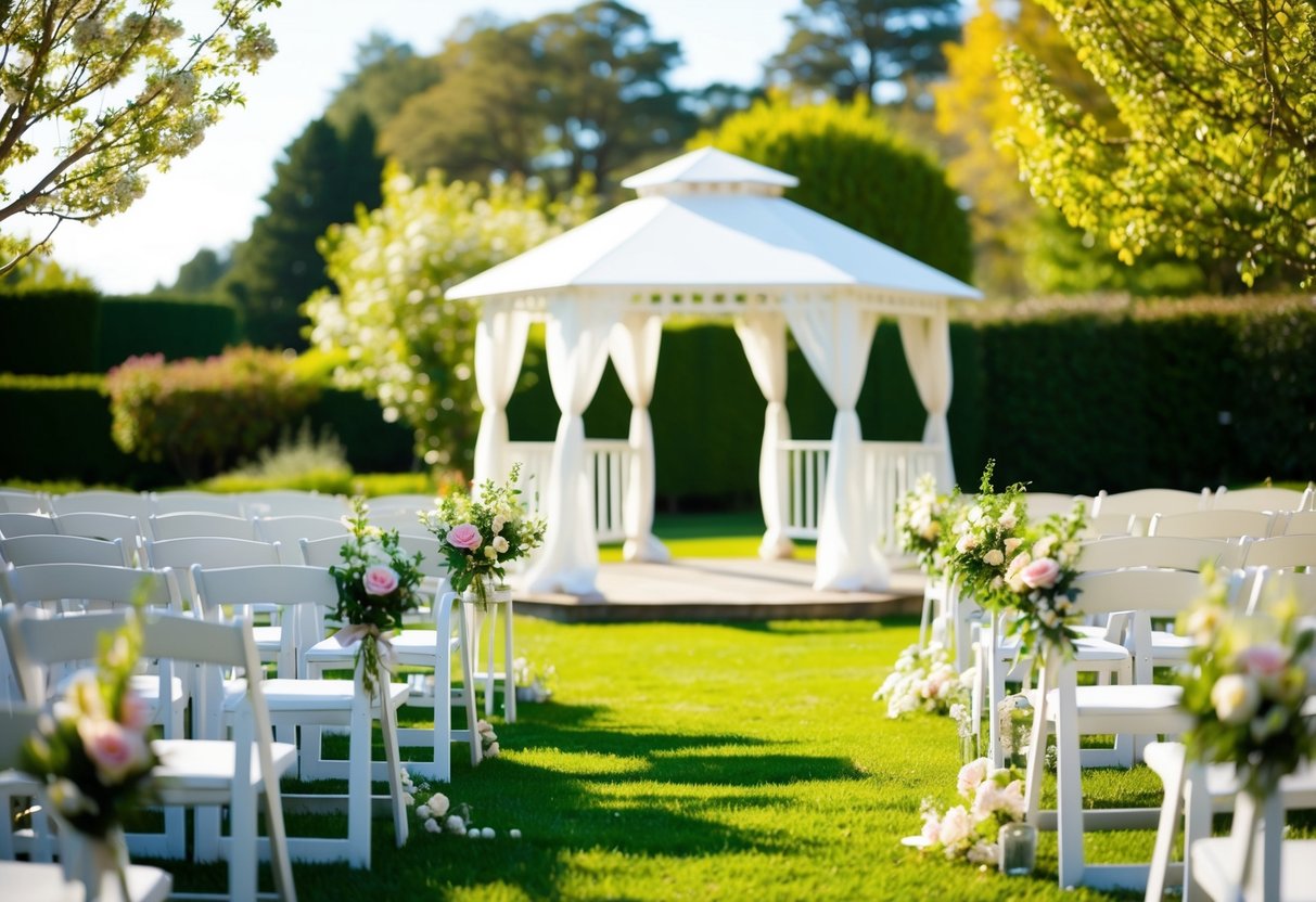 A sunlit garden with blooming flowers and a gazebo set up for a wedding ceremony at 10am