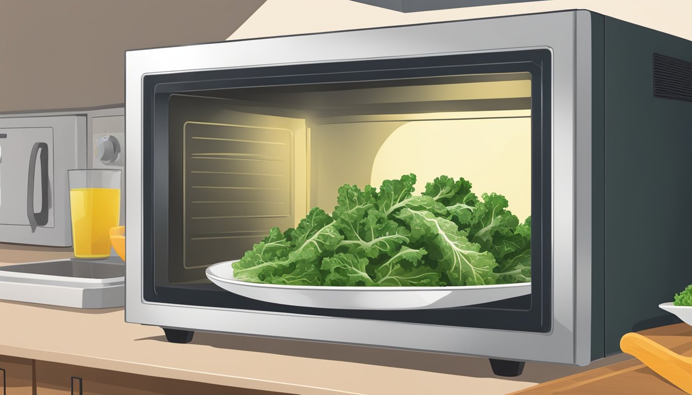 A bowl of kale Caesar salad being heated in a microwave