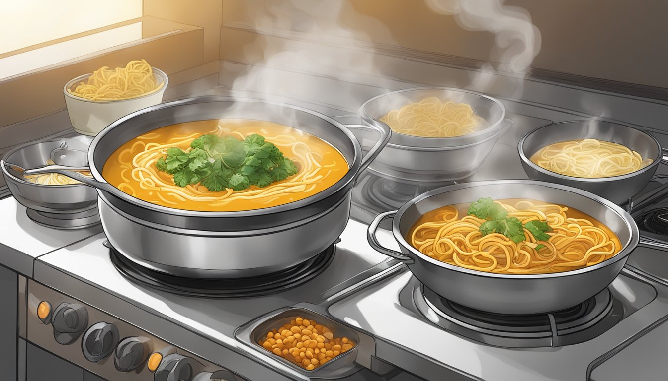 A steaming bowl of khao soi being heated on a stovetop. Steam rises from the rich, aromatic broth as the noodles and toppings are gently warmed