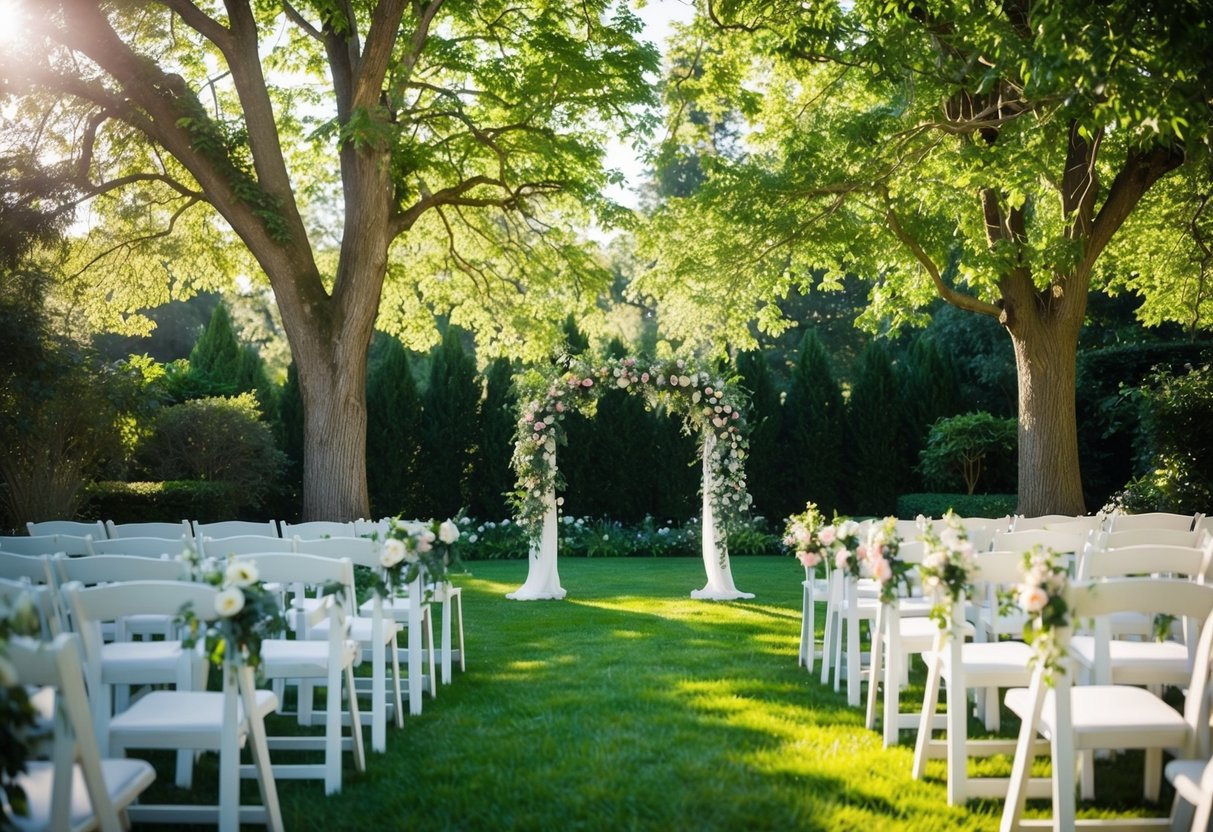 A serene garden with dappled sunlight filtering through the trees, a floral archway set up for a wedding ceremony at 10am