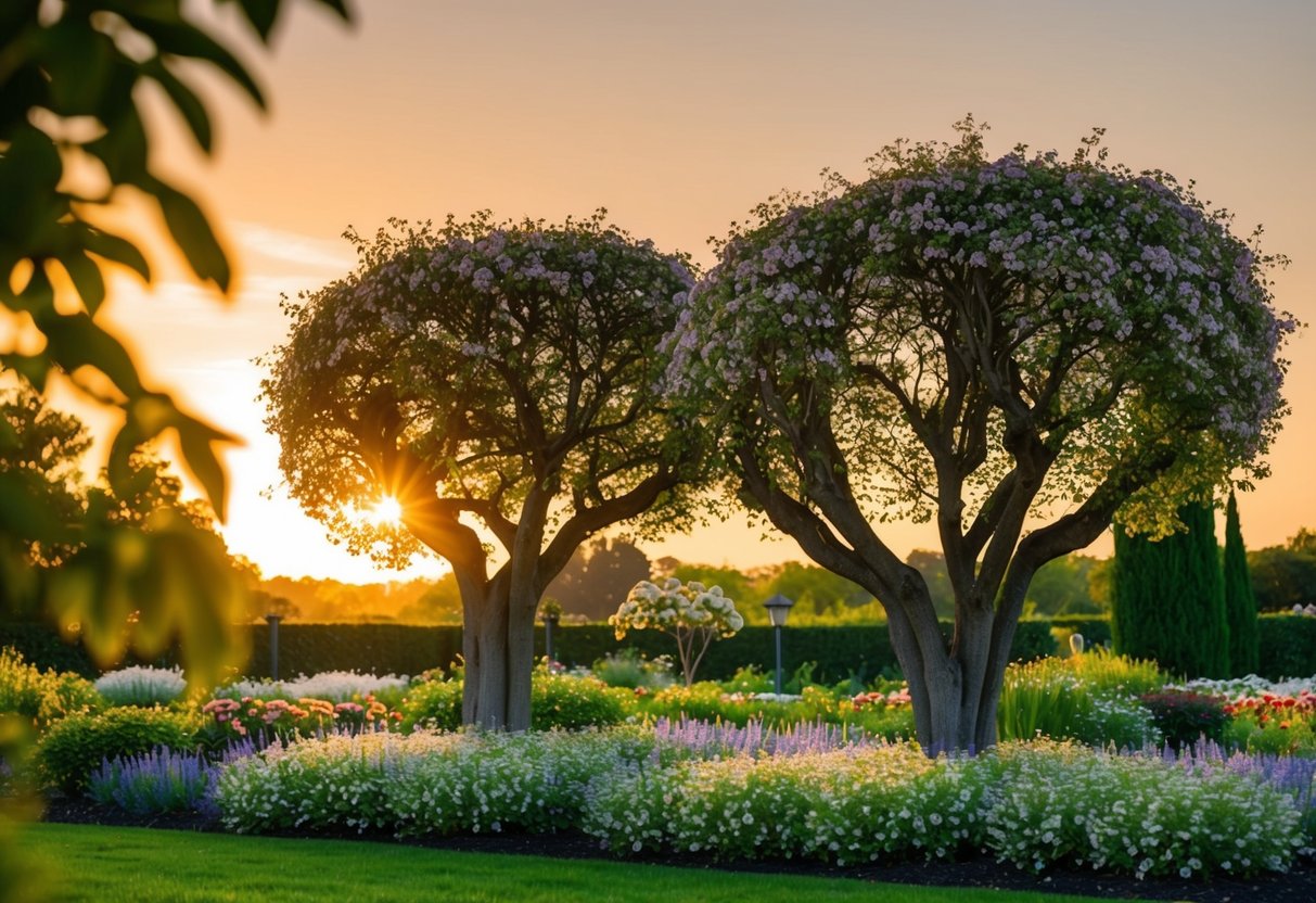 A blooming garden with two intertwining trees under a golden sunset