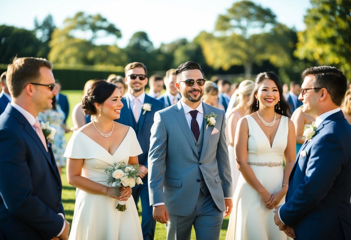 An outdoor afternoon wedding with guests wearing semi-formal attire. Sunshine and light breeze