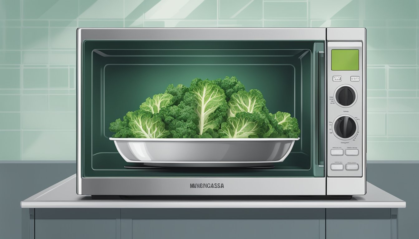 A microwave with a bowl of kale Caesar salad inside, steam rising