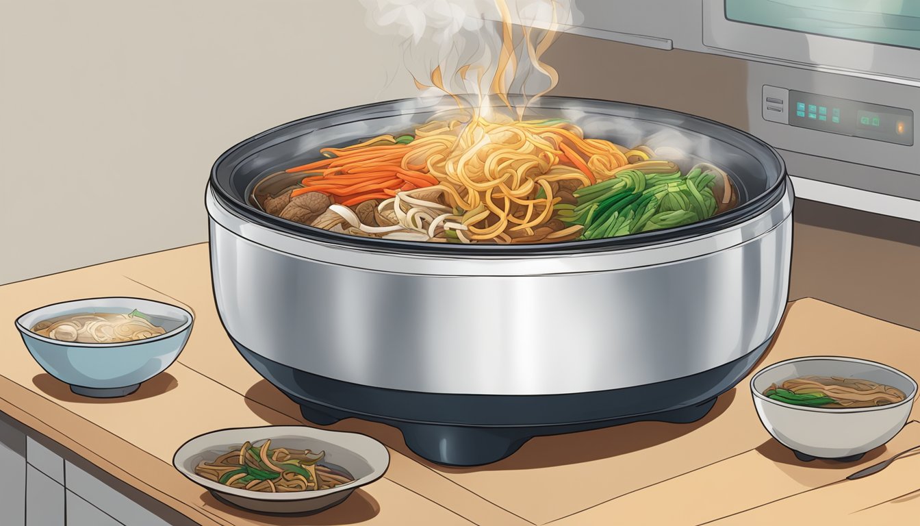 A steaming hot bowl of japchae being reheated in a microwave