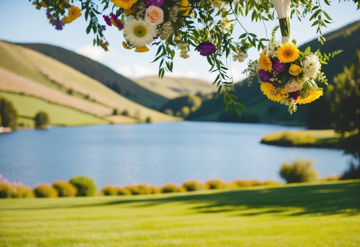 A sunny outdoor wedding with colorful flowers and a picturesque backdrop of rolling hills and a serene lake