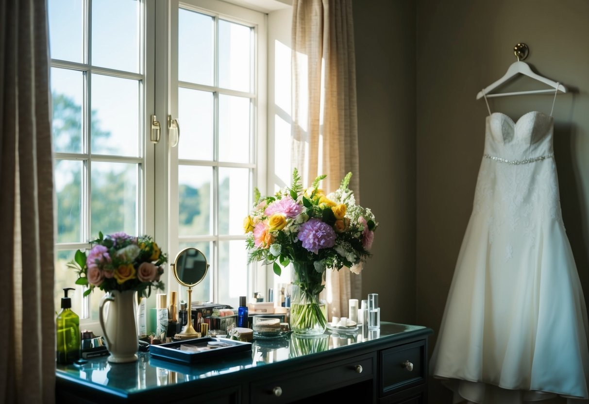 Sunlight streams through a window onto a cluttered vanity. A bouquet of flowers sits in a vase, while a wedding dress hangs nearby