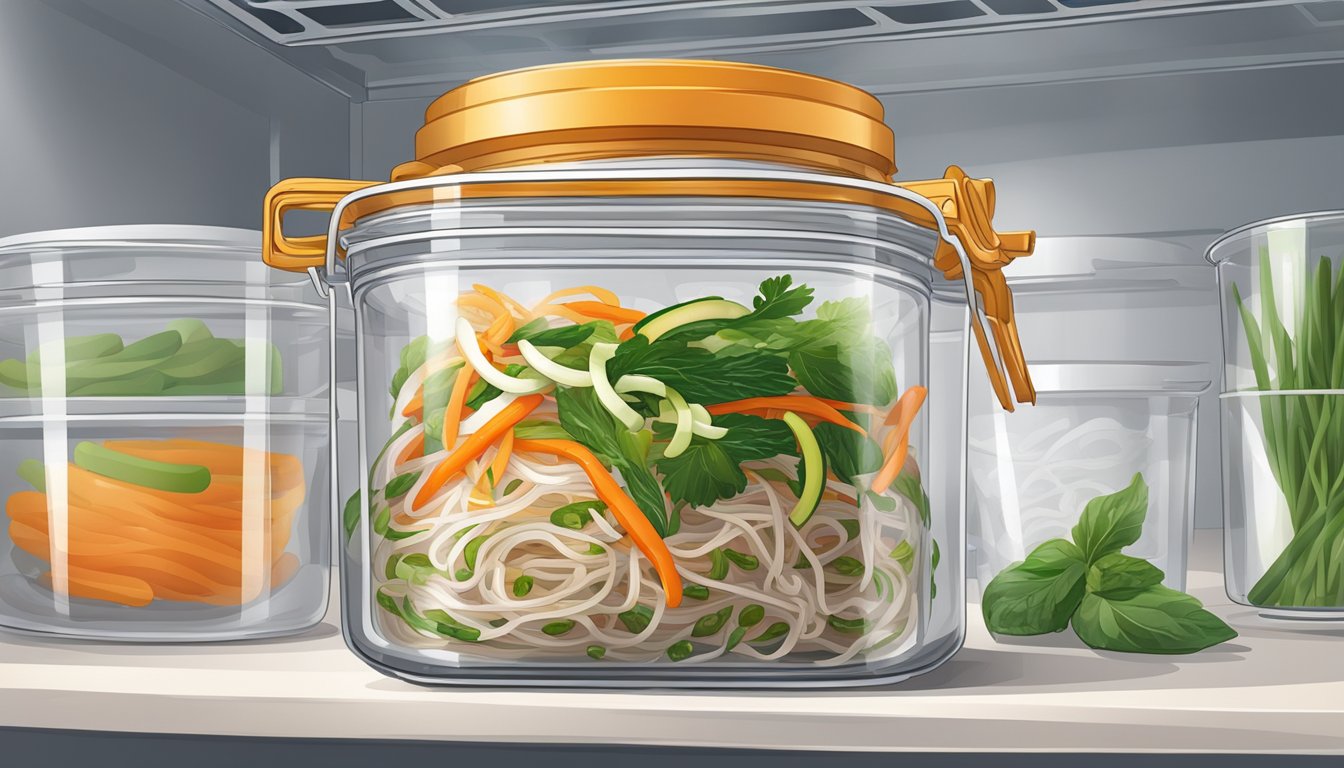 A glass container filled with freshly made japchae, sealed with a lid, placed in the refrigerator