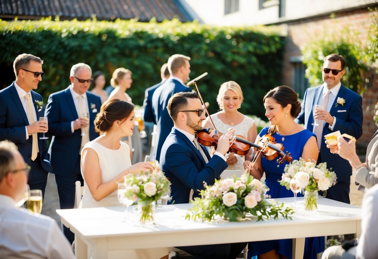 Guests mingle in a sunlit courtyard, sipping drinks and chatting. A string quartet plays softly in the background as a gentle breeze rustles the flower-filled centerpieces
