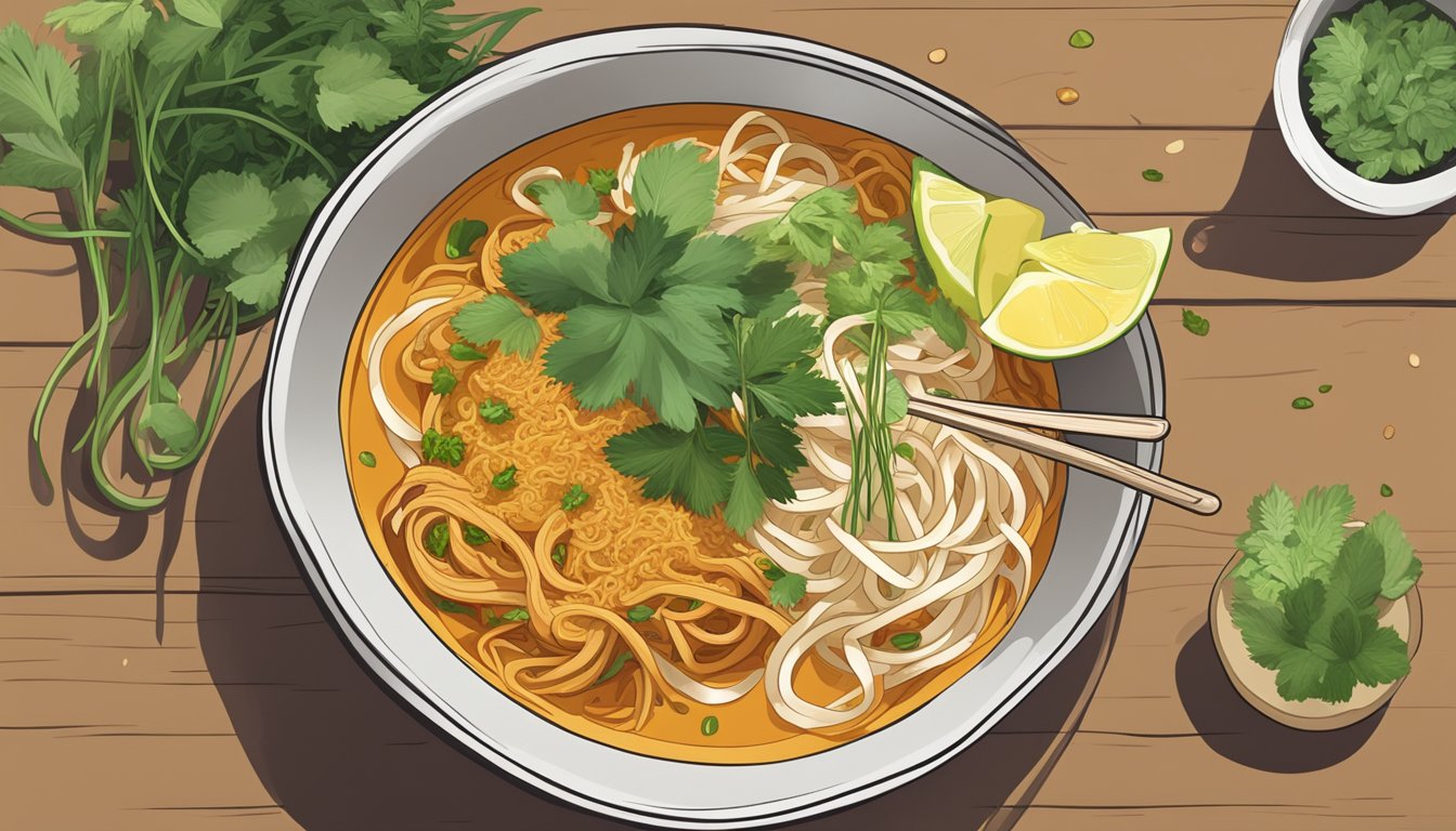 A steaming bowl of Khao Soi, topped with fresh herbs and crispy noodles, being placed on a wooden table with a spoon beside it