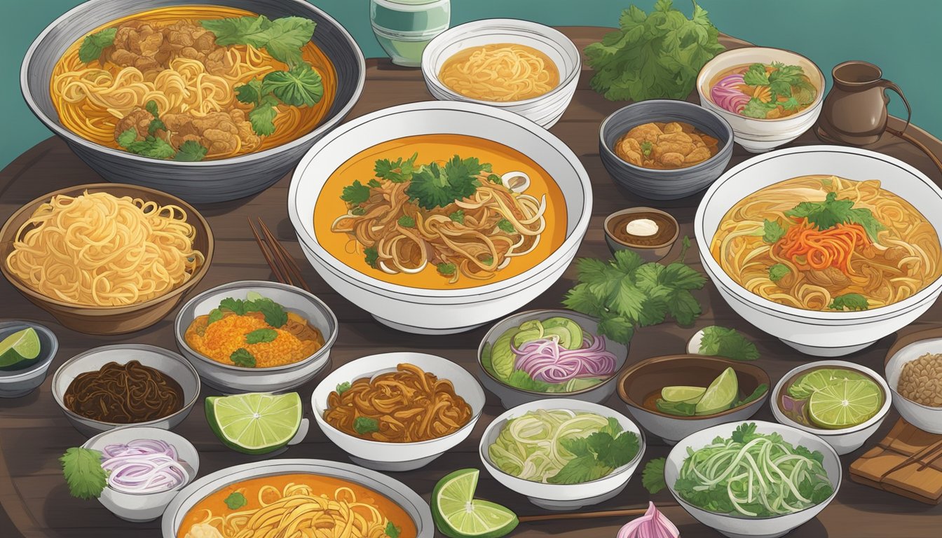 A table set with a steaming bowl of Khao Soi alongside other colorful and aromatic Thai dishes, ready to be enjoyed