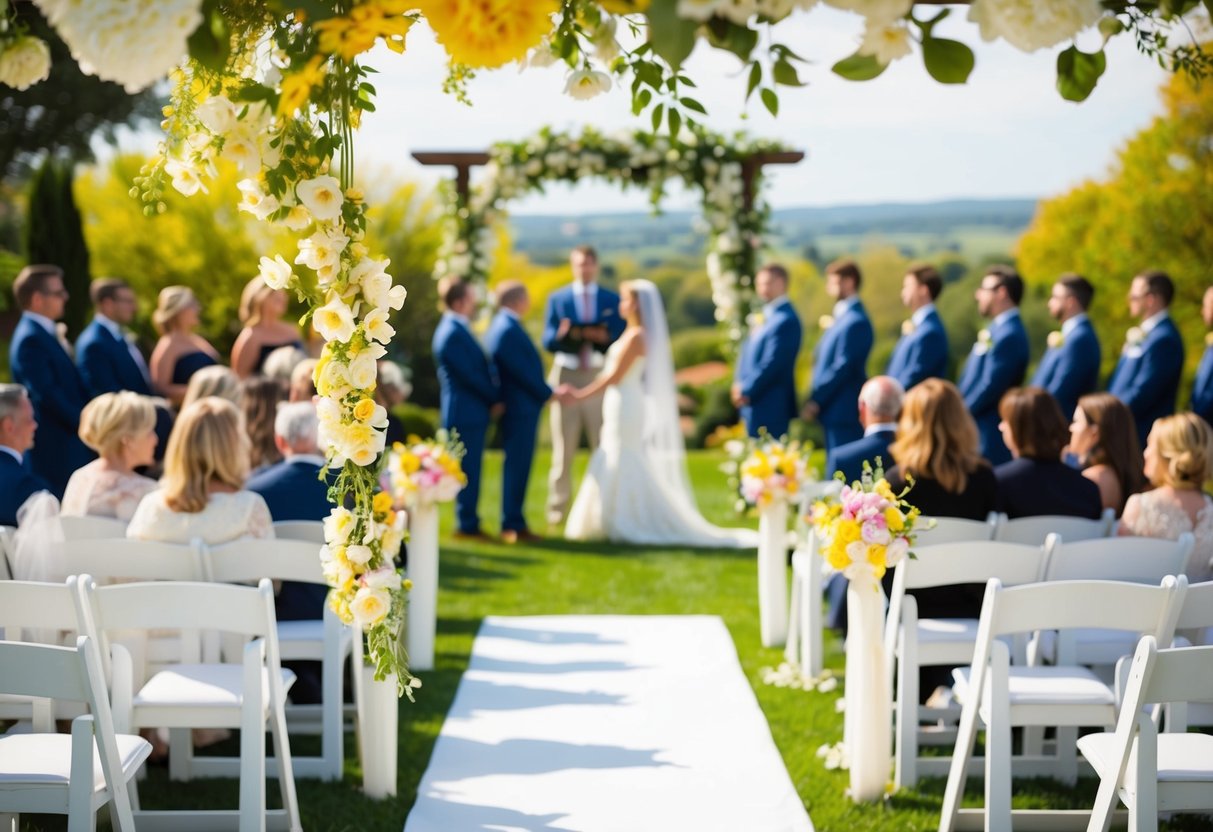 A sunny outdoor wedding ceremony with blooming flowers and a picturesque landscape in the background