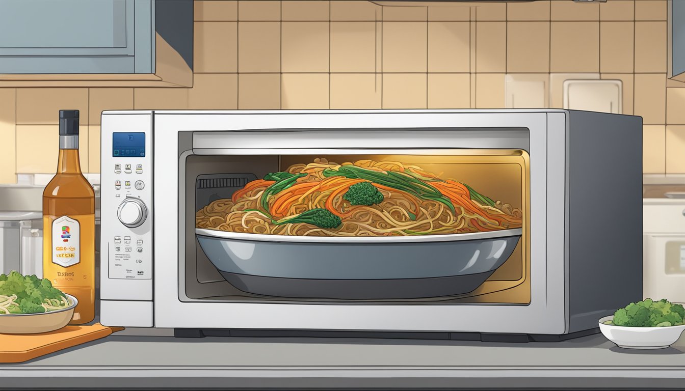 A bowl of Korean japchae sits inside a microwave. The microwave is turned on, and the food inside is being heated up