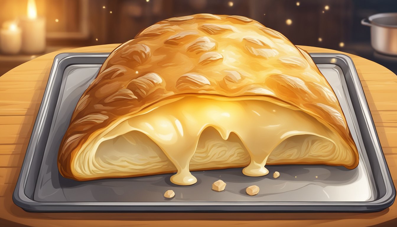 A steaming khachapuri sits on a baking sheet, golden crust glistening, cheese bubbling in the center. A warm oven awaits