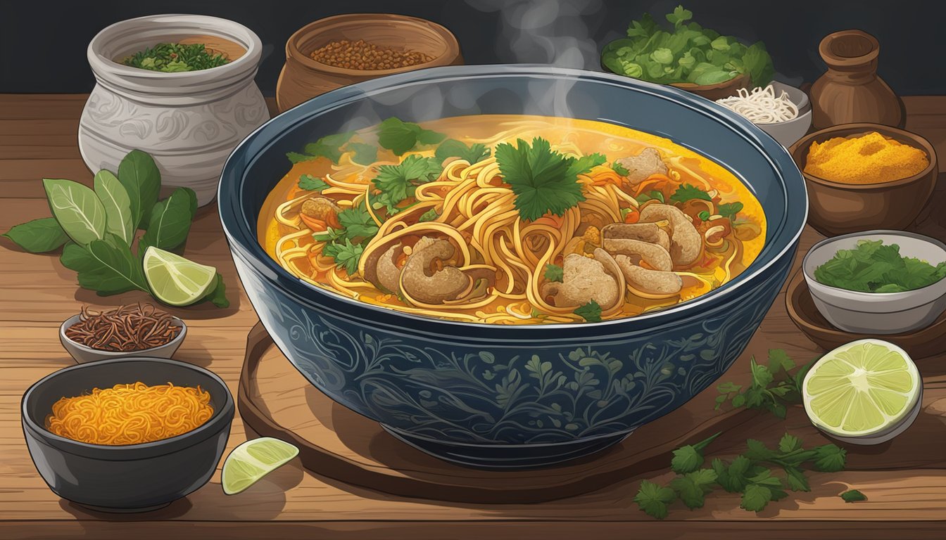 A bowl of reheated khao soi sits steaming on a wooden table, surrounded by vibrant spices and herbs