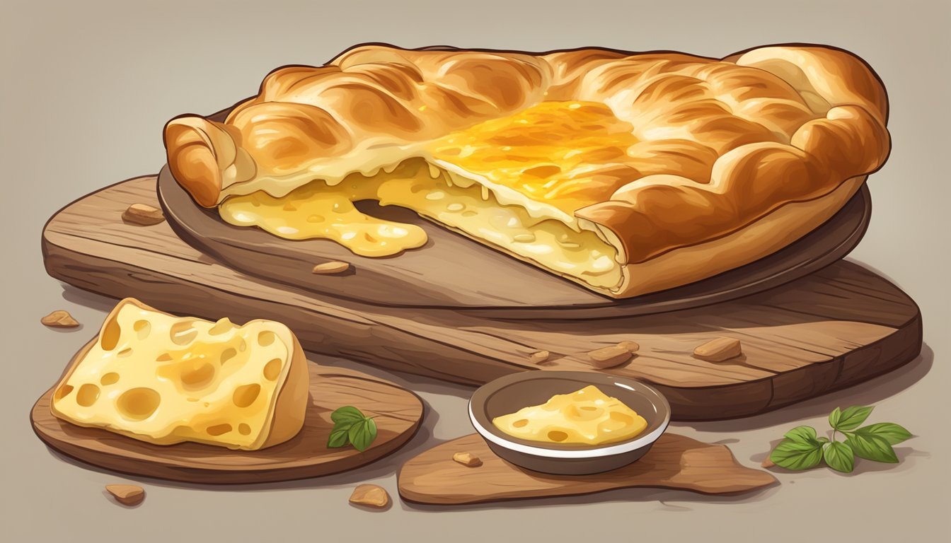 A steaming khachapuri sitting on a rustic wooden table, with melted cheese oozing out of the golden-brown crust