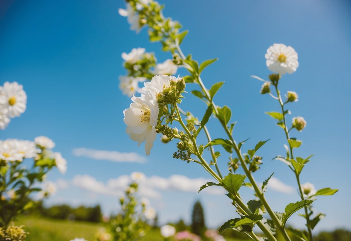 A sunny outdoor wedding in June, with blooming flowers and greenery, a clear blue sky, and a gentle breeze