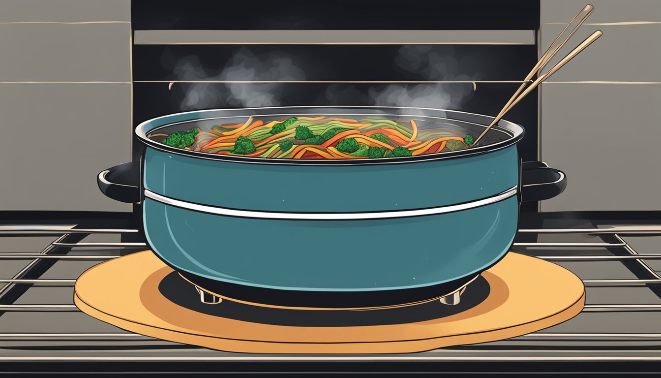 A steaming hot bowl of Korean japchae being heated in the oven