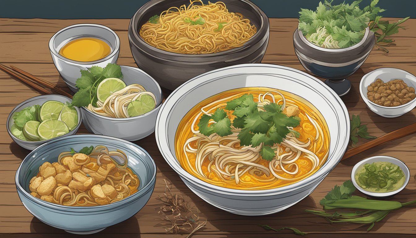 A steaming bowl of Khao Soi sits on a rustic table, surrounded by various ingredients and condiments from different Southeast Asian countries. A microwave hums in the background