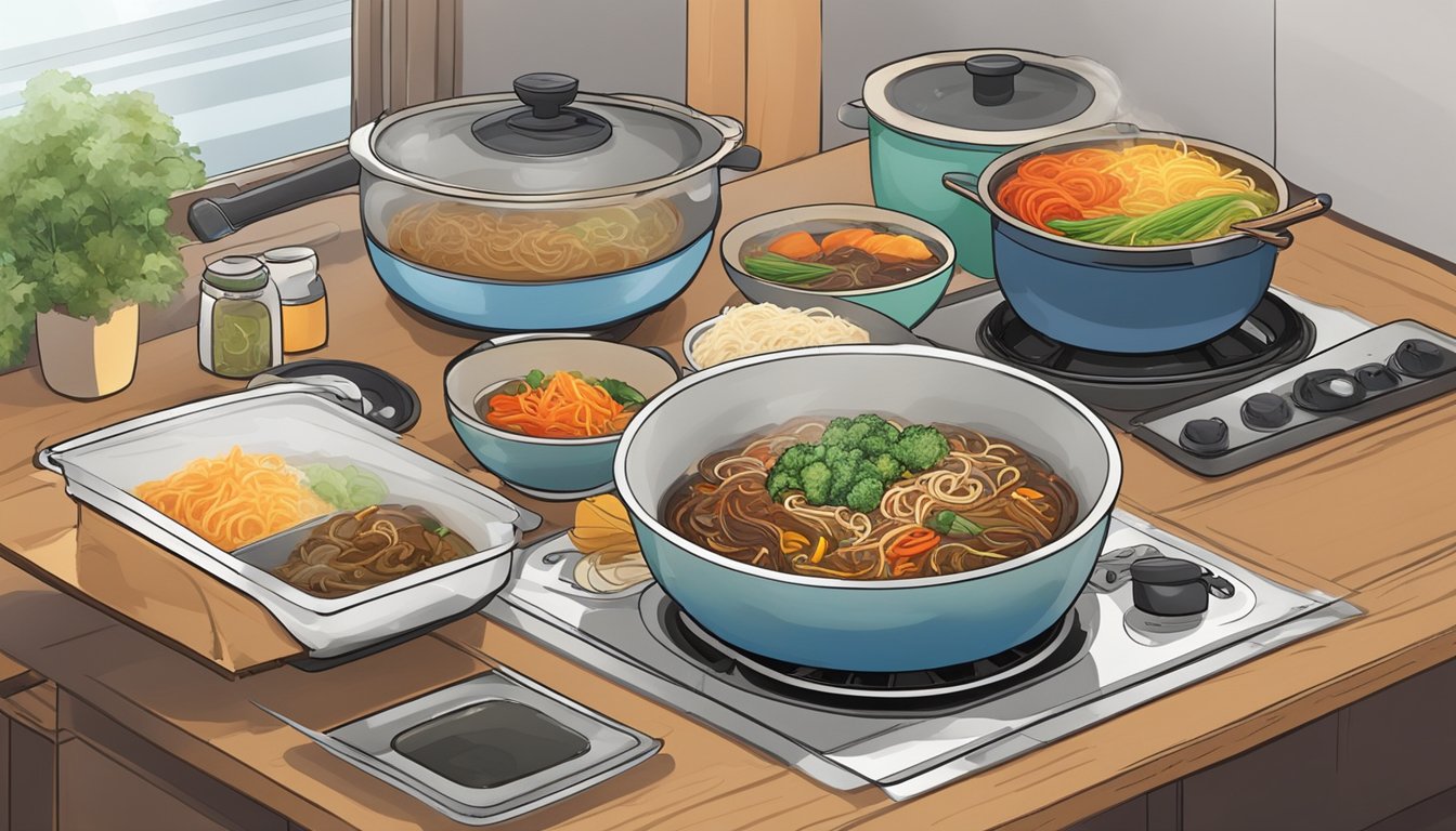 A steaming bowl of Korean japchae sits on a wooden table, surrounded by various reheating options such as a microwave, stovetop, and oven