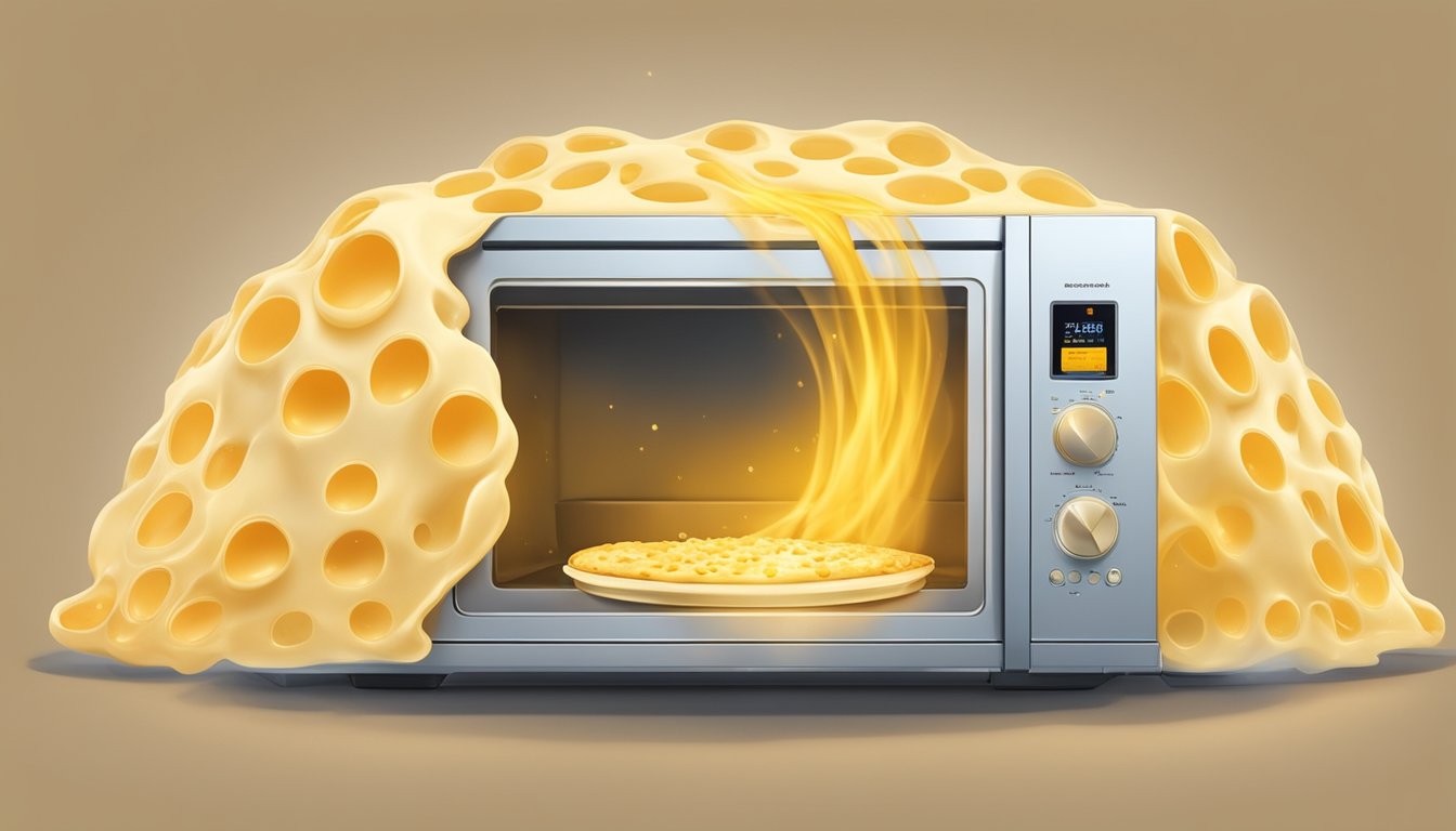 A microwave emitting waves onto a golden khachapuri, with steam rising as the cheese inside begins to melt and bubble