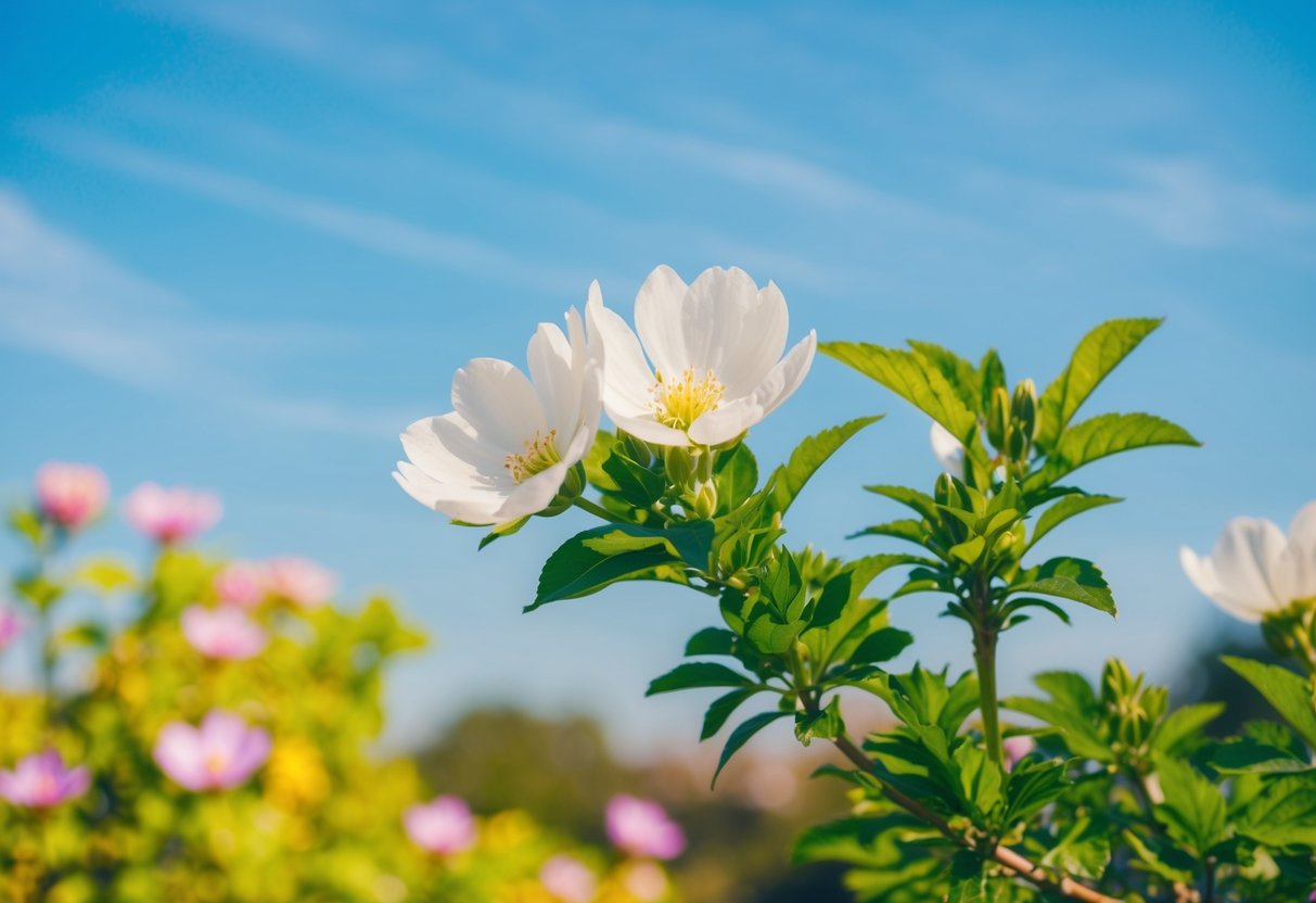 A serene outdoor setting with blooming flowers and bright green foliage, under a clear blue sky