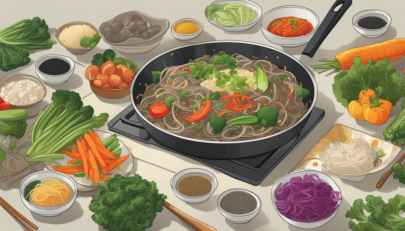 Steam rising from a sizzling pan of Korean japchae, surrounded by vibrant vegetables and a scattering of sesame seeds