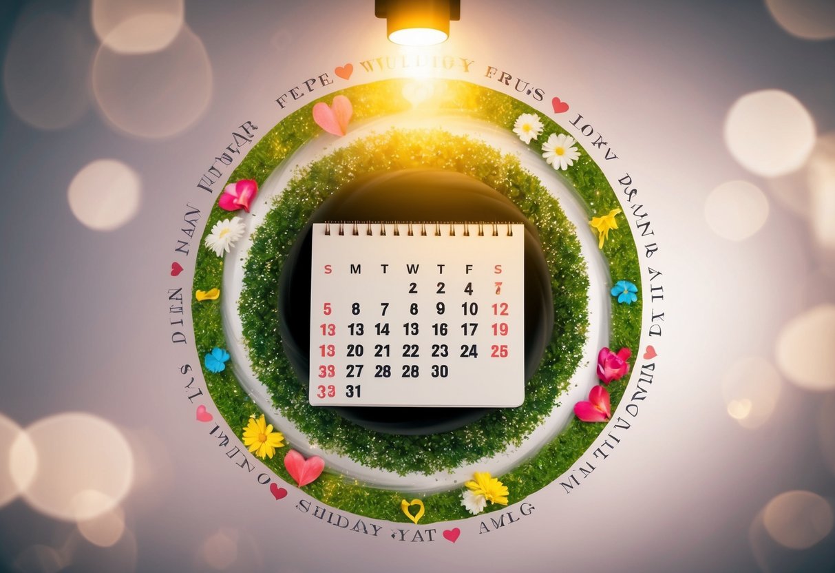 A calendar surrounded by swirling seasons and symbols of love, with a spotlight on the wedding date