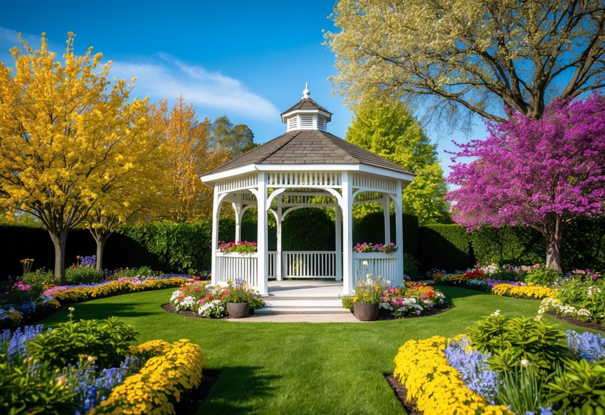 A bright, blooming garden with a gazebo adorned with flowers, surrounded by colorful trees in full bloom, with a clear blue sky overhead