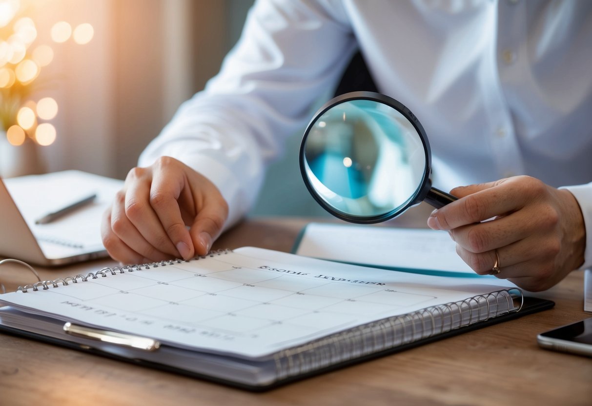 A wedding planner reviewing a calendar with a magnifying glass
