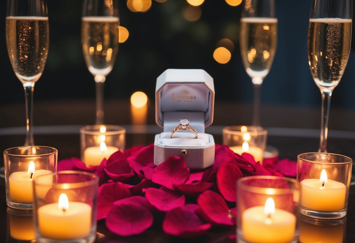 A ring box atop a bed of rose petals, surrounded by flickering candles and champagne glasses
