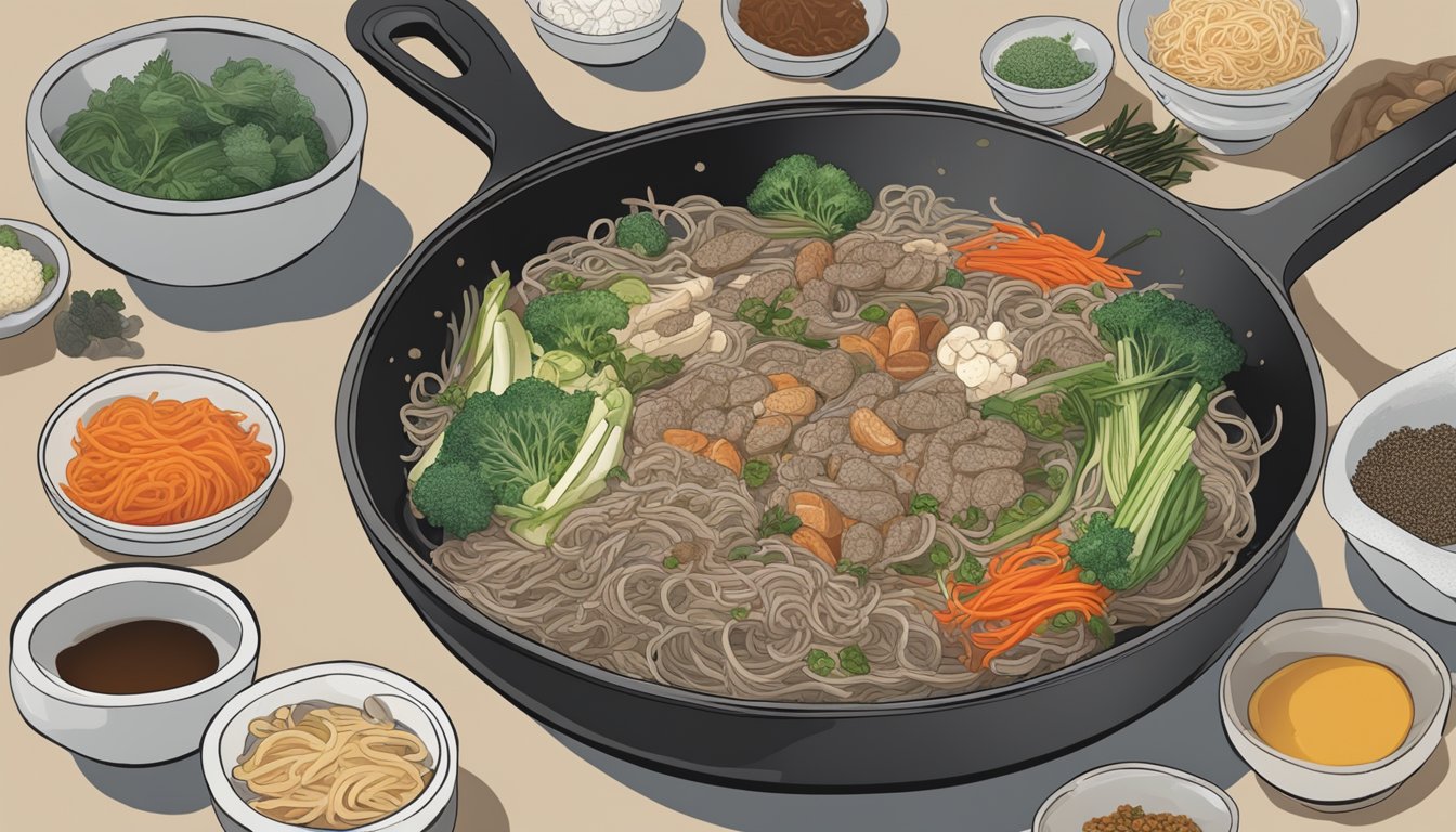 A steaming bowl of Korean japchae being gently reheated in a skillet, with various dietary substitutions and ingredients nearby